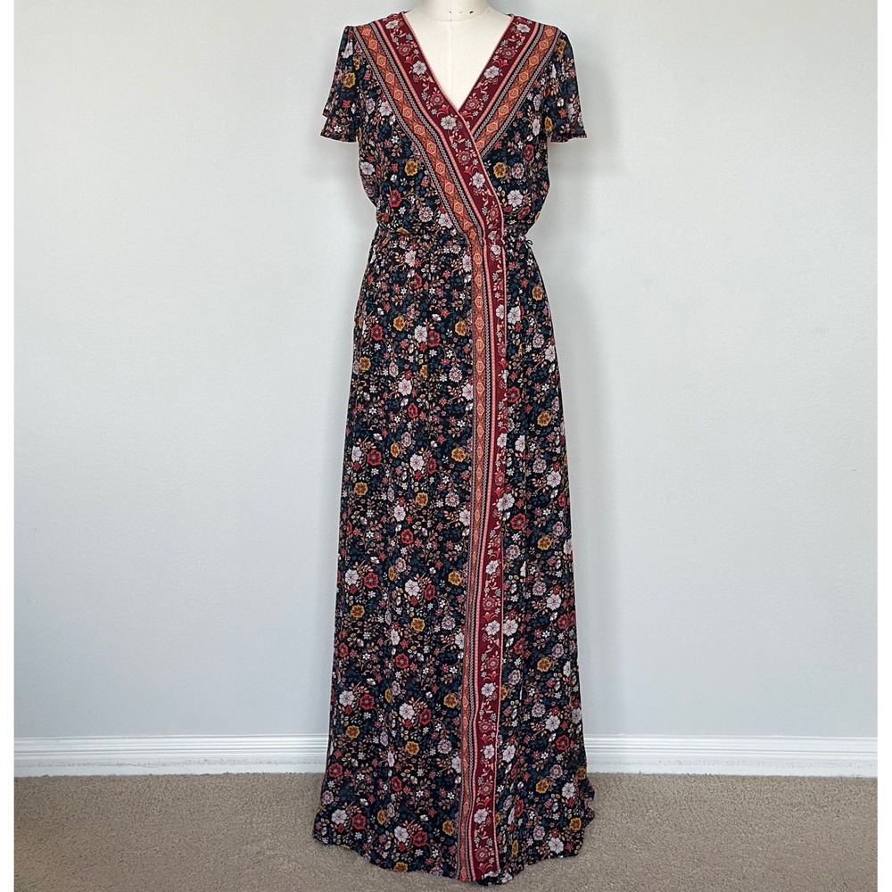 Xhilaration Floral Maxi Wrap Dress‎ Short Sleeve Multicolor Lined Belted Boho M